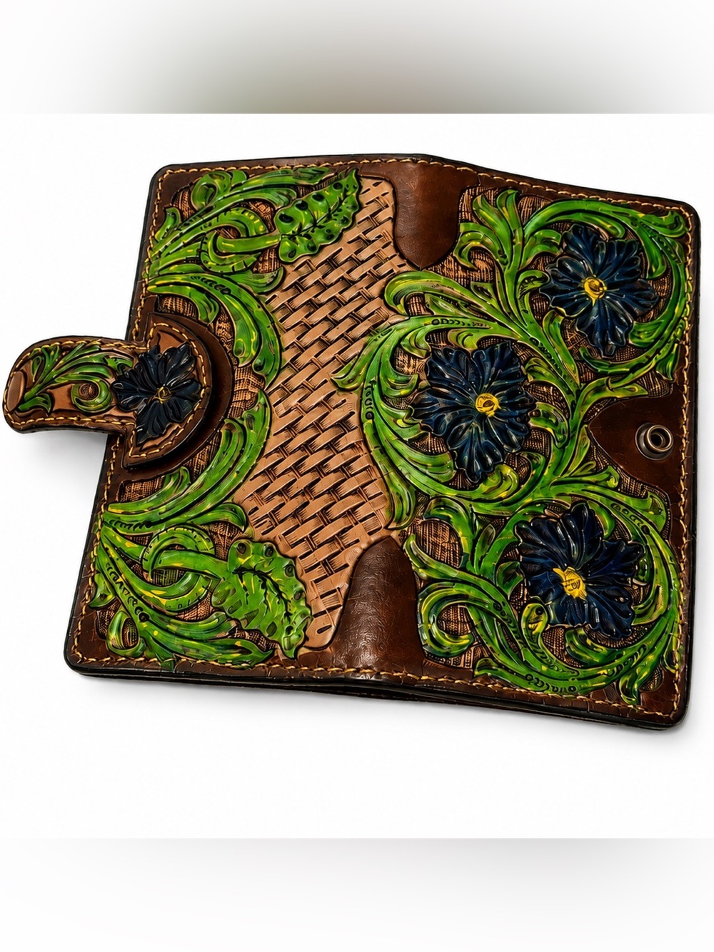 Handmade Tooled Leather Floral Checkbook Wallet renaissance Snap Wallet Fairy